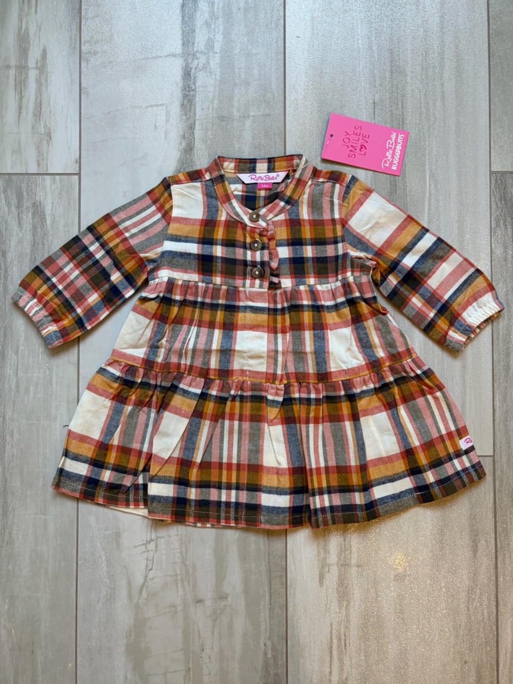 NWT RuffleButts Neutral Hudson Plaid Flannel Tiered Henley Dress Girls 3-6M